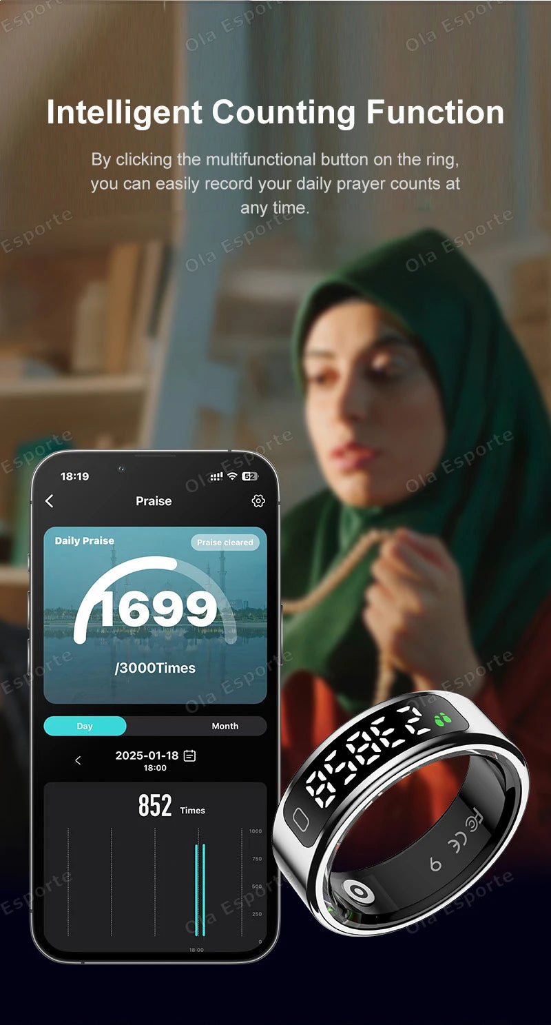 2025 New Smart Ring Men Women LED Touch Display Screen Heart Rate Blood Oxygen Monitor IP68 Waterproof Multiple Sport Mode Rings