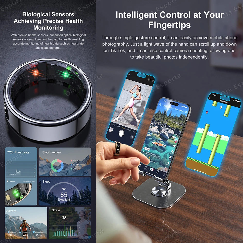 2025 New Smart Ring Men Women LED Touch Display Screen Heart Rate Blood Oxygen Monitor IP68 Waterproof Multiple Sport Mode Rings