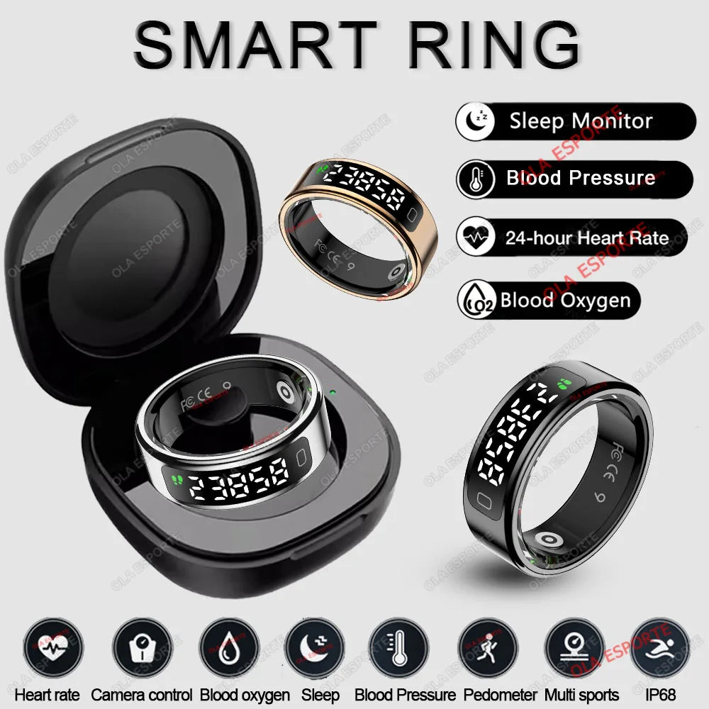 2025 New Smart Ring Men Women LED Touch Display Screen Heart Rate Blood Oxygen Monitor IP68 Waterproof Multiple Sport Mode Rings