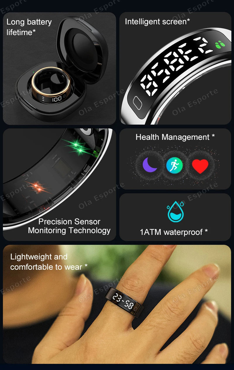 2025 New Smart Ring Men Women LED Touch Display Screen Heart Rate Blood Oxygen Monitor IP68 Waterproof Multiple Sport Mode Rings
