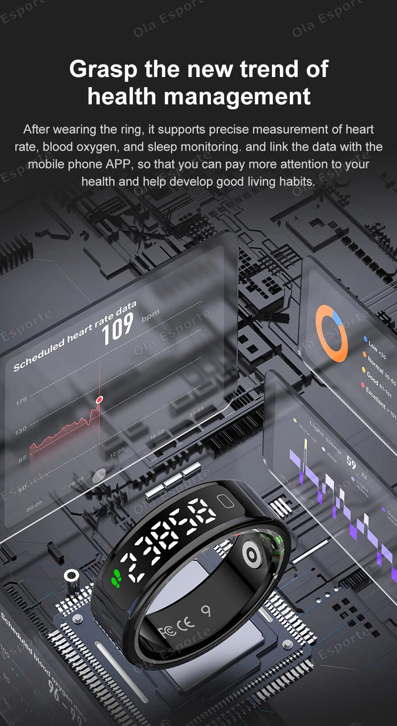 2025 New Smart Ring Men Women LED Touch Display Screen Heart Rate Blood Oxygen Monitor IP68 Waterproof Multiple Sport Mode Rings