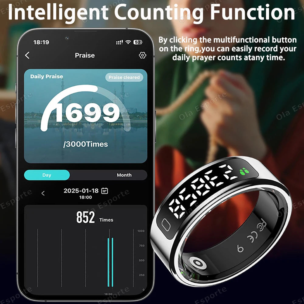2025 New Smart Ring Men Women LED Touch Display Screen Heart Rate Blood Oxygen Monitor IP68 Waterproof Multiple Sport Mode Rings