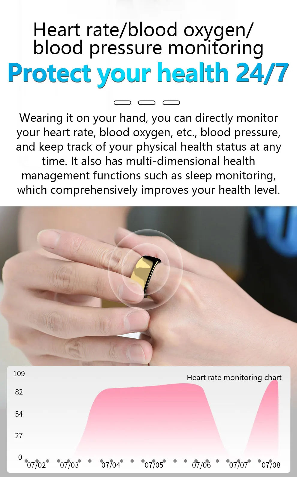 New Smart Ring Sleep Blood Pressure Health Monitoring Multi-sport Modes IP68 Waterproof Wirless Rings For Women Men Android iOS