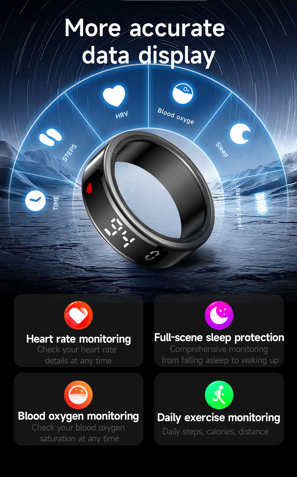 Smart Ring Inteligente Display Screen Waterproof Heart Rate&Blood Oxgyen&Sleep Monitoring Mutiple Sports Modes Men Women Ring