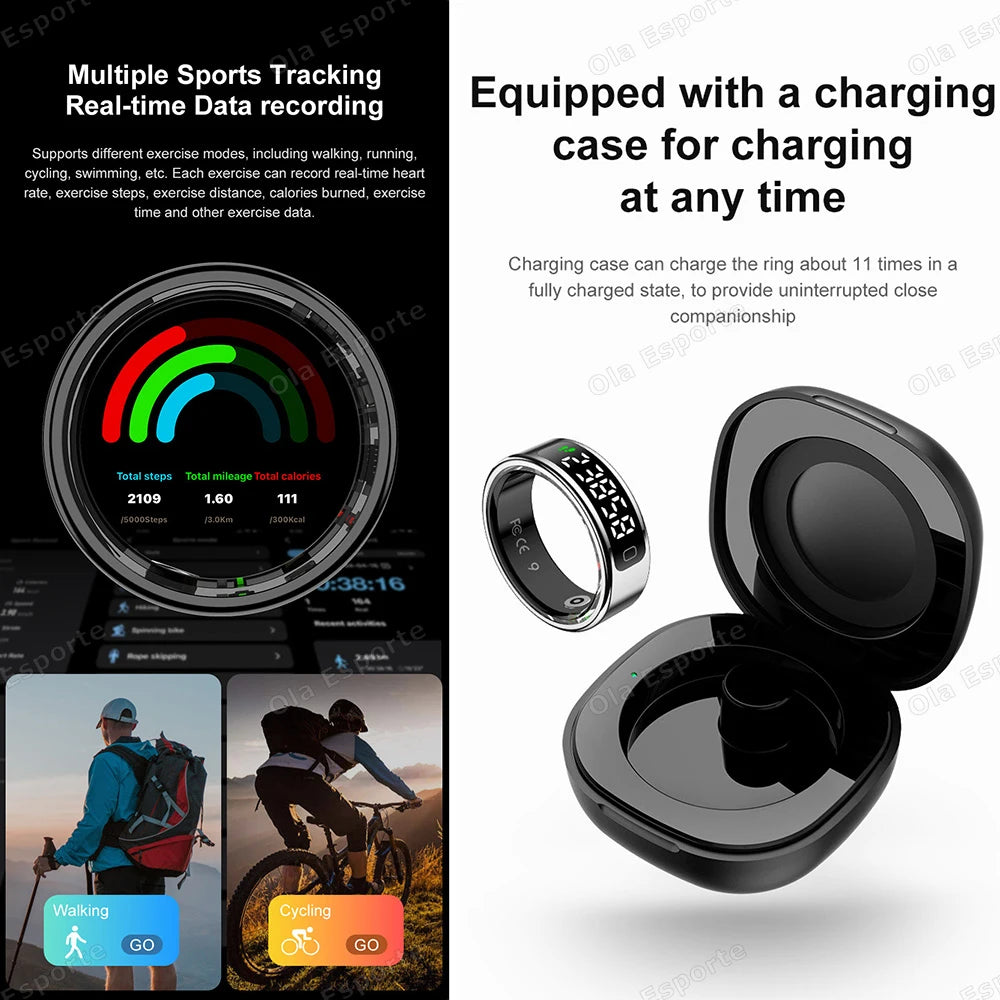 2025 New Smart Ring Men Women LED Touch Display Screen Heart Rate Blood Oxygen Monitor IP68 Waterproof Multiple Sport Mode Rings