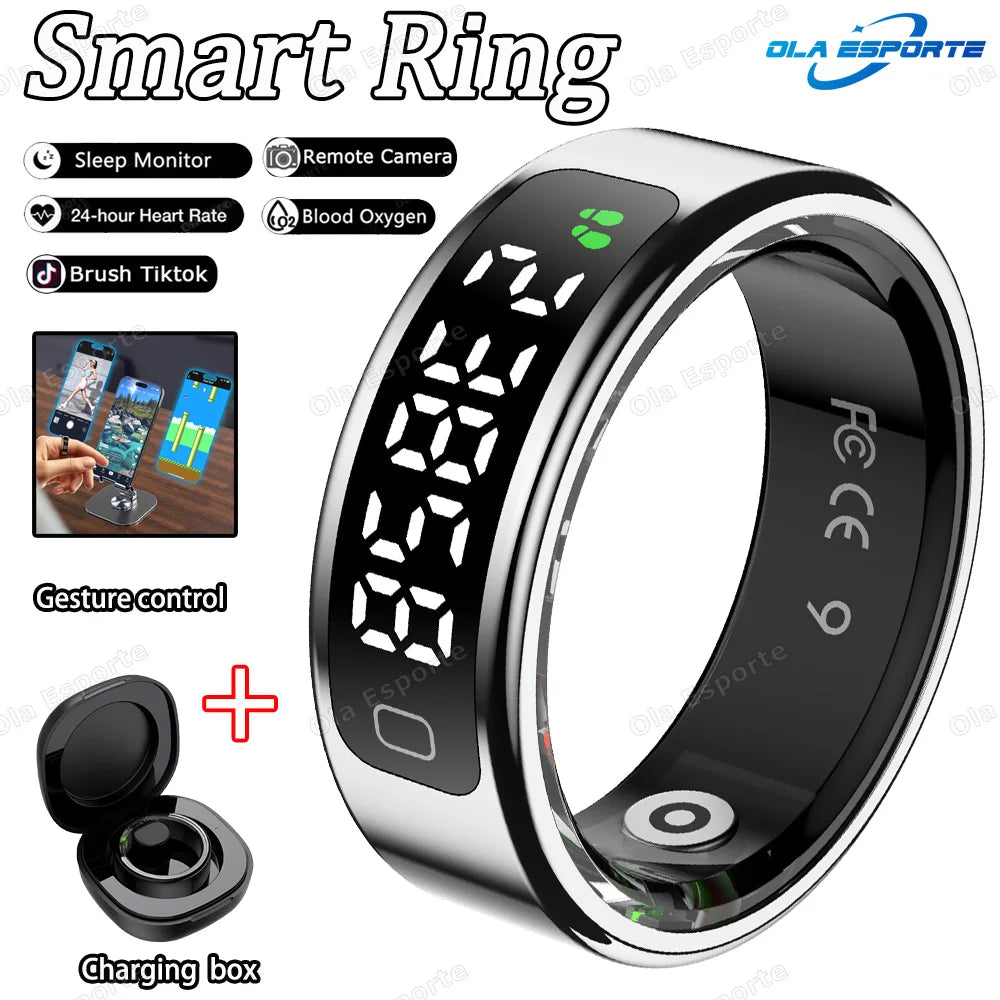 2025 New Smart Ring Men Women LED Touch Display Screen Heart Rate Blood Oxygen Monitor IP68 Waterproof Multiple Sport Mode Rings