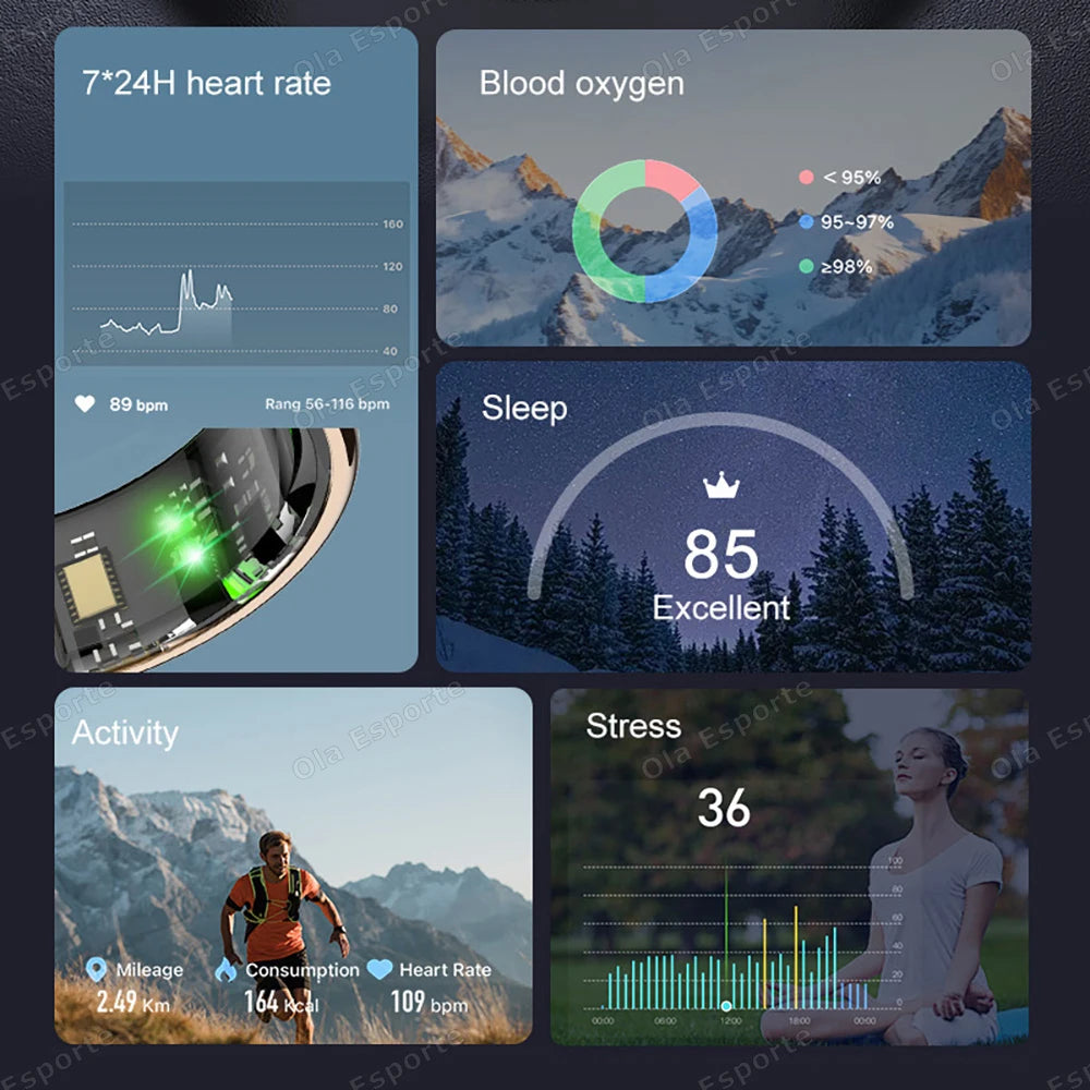 2025 New Smart Ring Men Women LED Touch Display Screen Heart Rate Blood Oxygen Monitor IP68 Waterproof Multiple Sport Mode Rings