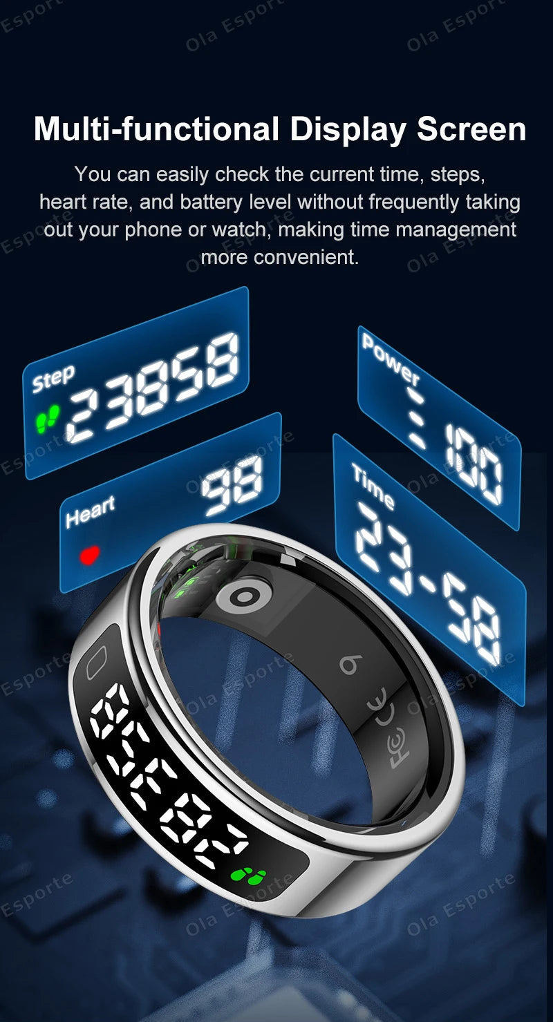 2025 New Smart Ring Men Women LED Touch Display Screen Heart Rate Blood Oxygen Monitor IP68 Waterproof Multiple Sport Mode Rings