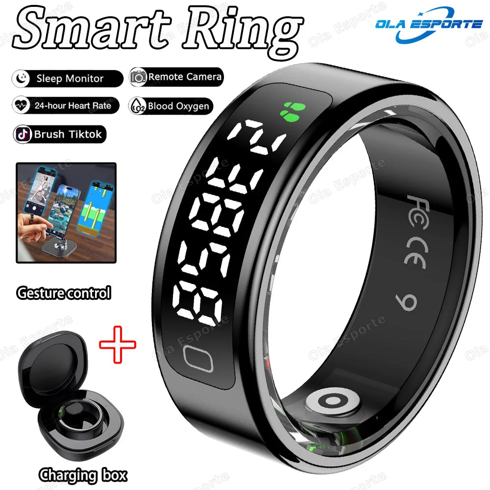 2025 New Smart Ring Men Women LED Touch Display Screen Heart Rate Blood Oxygen Monitor IP68 Waterproof Multiple Sport Mode Rings